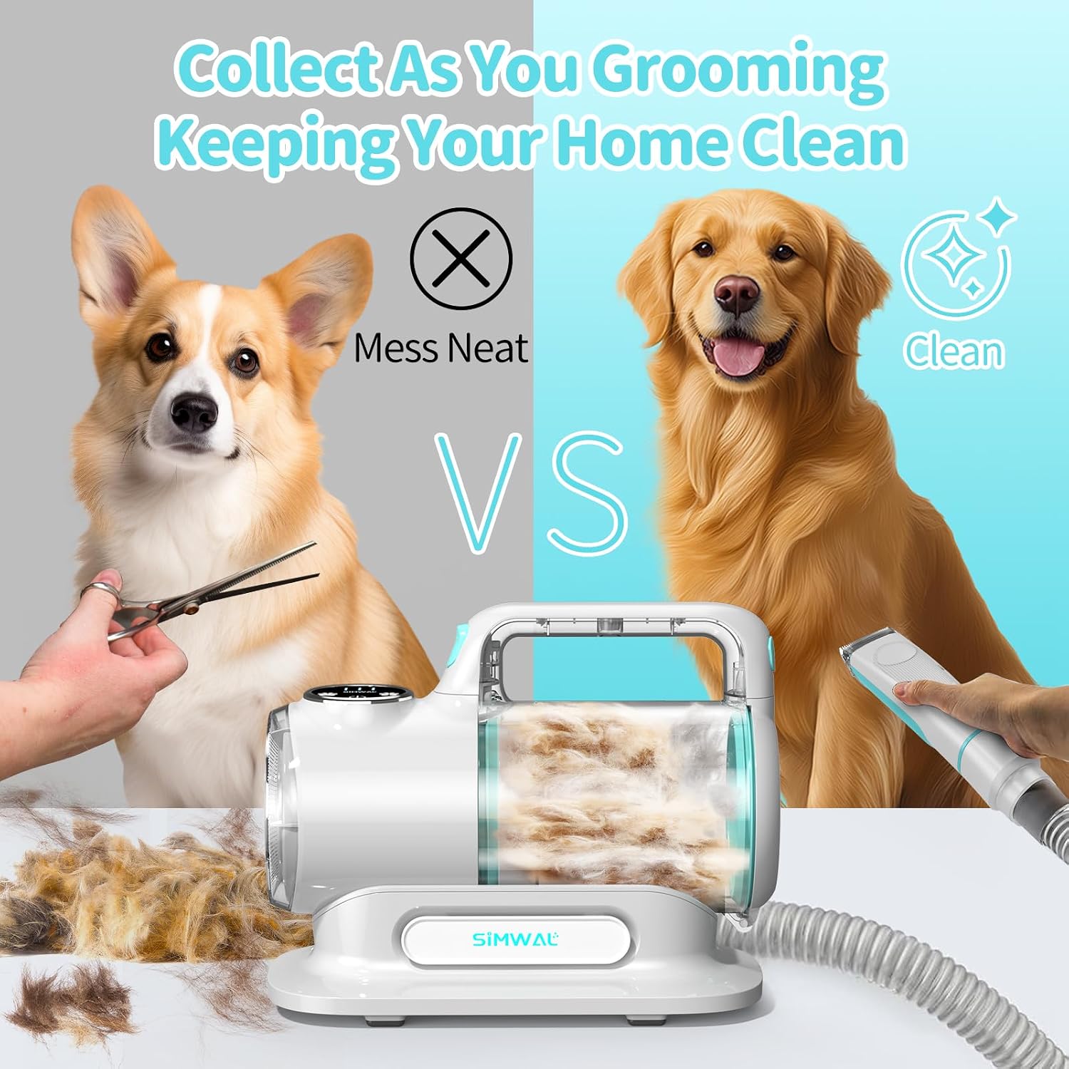 Dog Grooming Clippers Vacuum Kit - 11000PA Suction Powerful Dog Hair Vacuum - 6 in 1 Low Noise Cat Shedding Brush Trimmer Tool with 1.5L Dust Cup for Cleaning Pet Hair (6 Accessories)