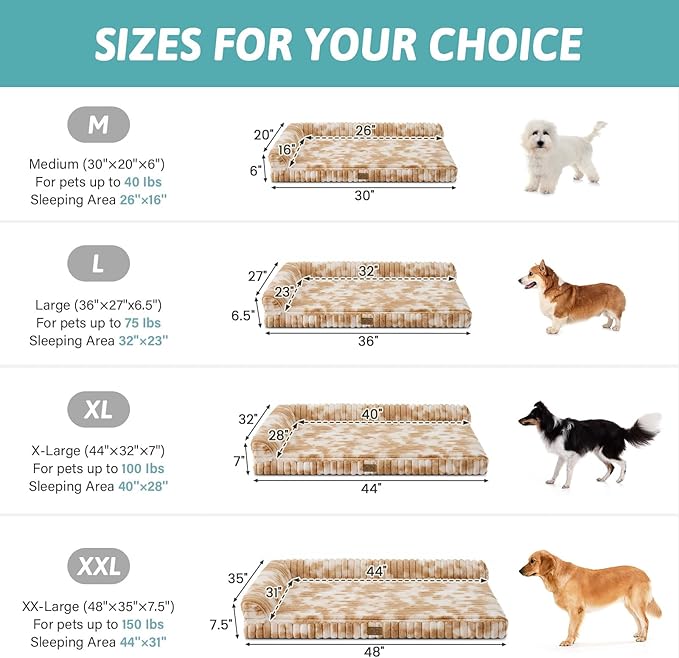 Cute Dog Bed, Faux Rabbit Fur Orthopedic Dog Bed with Sides, Removable Washable Cover & Waterproof Lining, Comfortable Pet Couch for Extra Large Dogs, Tie-Dye Brown (48" L x 35" W x 7.5" Th)