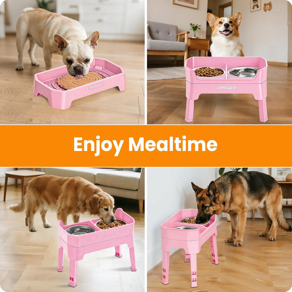URPOWER 3-in-1 Elevated Dog Bowls - Double Deck Raised Dog Bowl Stand | 4 Adjustable Heights, 2 Stainless Steel Food Bowls, Mess Proof Licking Plate, Foldable Stand for Small Medium & Large Dogs