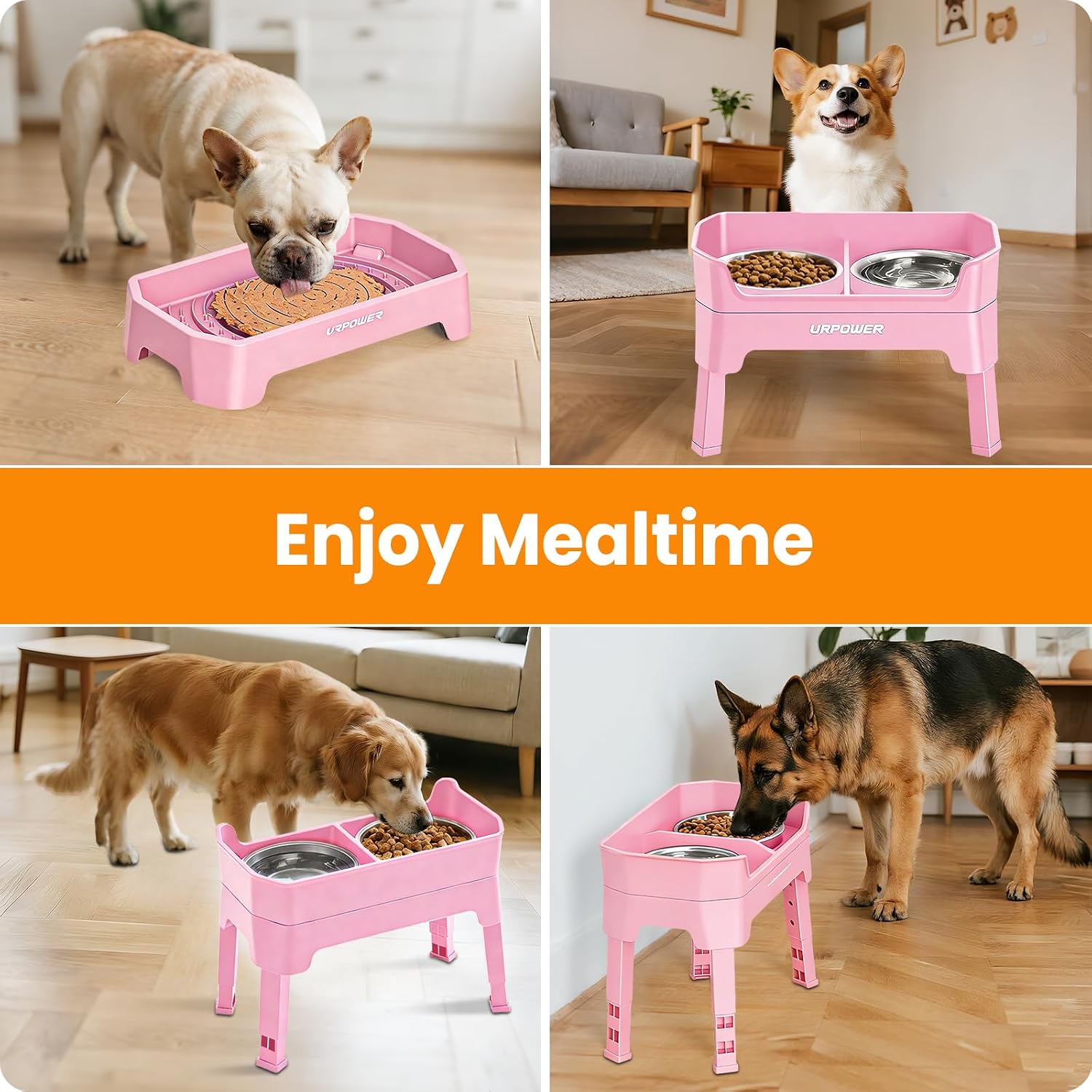 URPOWER 3-in-1 Elevated Dog Bowls - Double Deck Raised Dog Bowl Stand | 4 Adjustable Heights, 2 Stainless Steel Food Bowls, Mess Proof Licking Plate, Foldable Stand for Small Medium & Large Dogs
