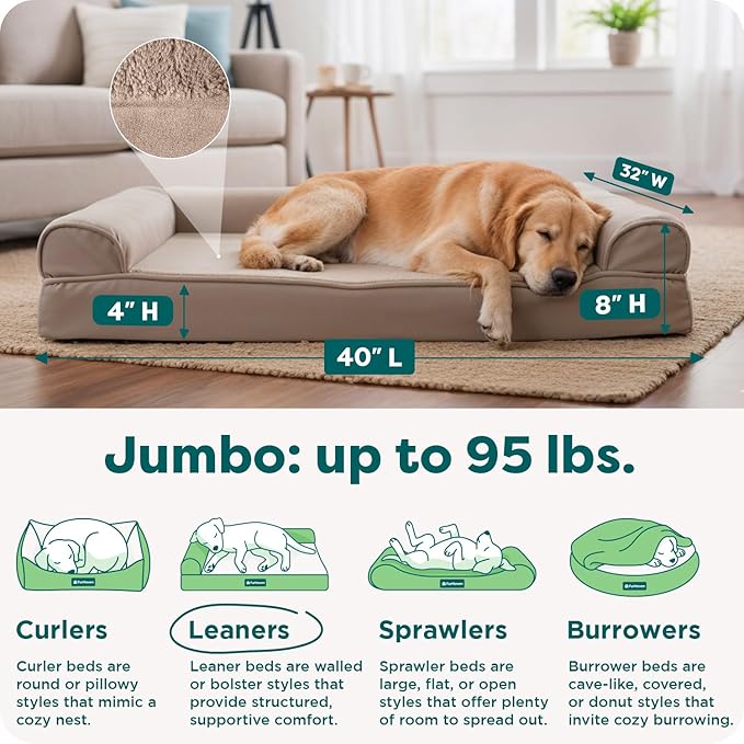 Furhaven Orthopedic Dog Bed for Large Dogs w/ Removable Bolsters & Washable Cover, For Dogs Up to 95 lbs - Luxe Faux Fur & Performance Linen Sofa - Woodsmoke, Jumbo/XL