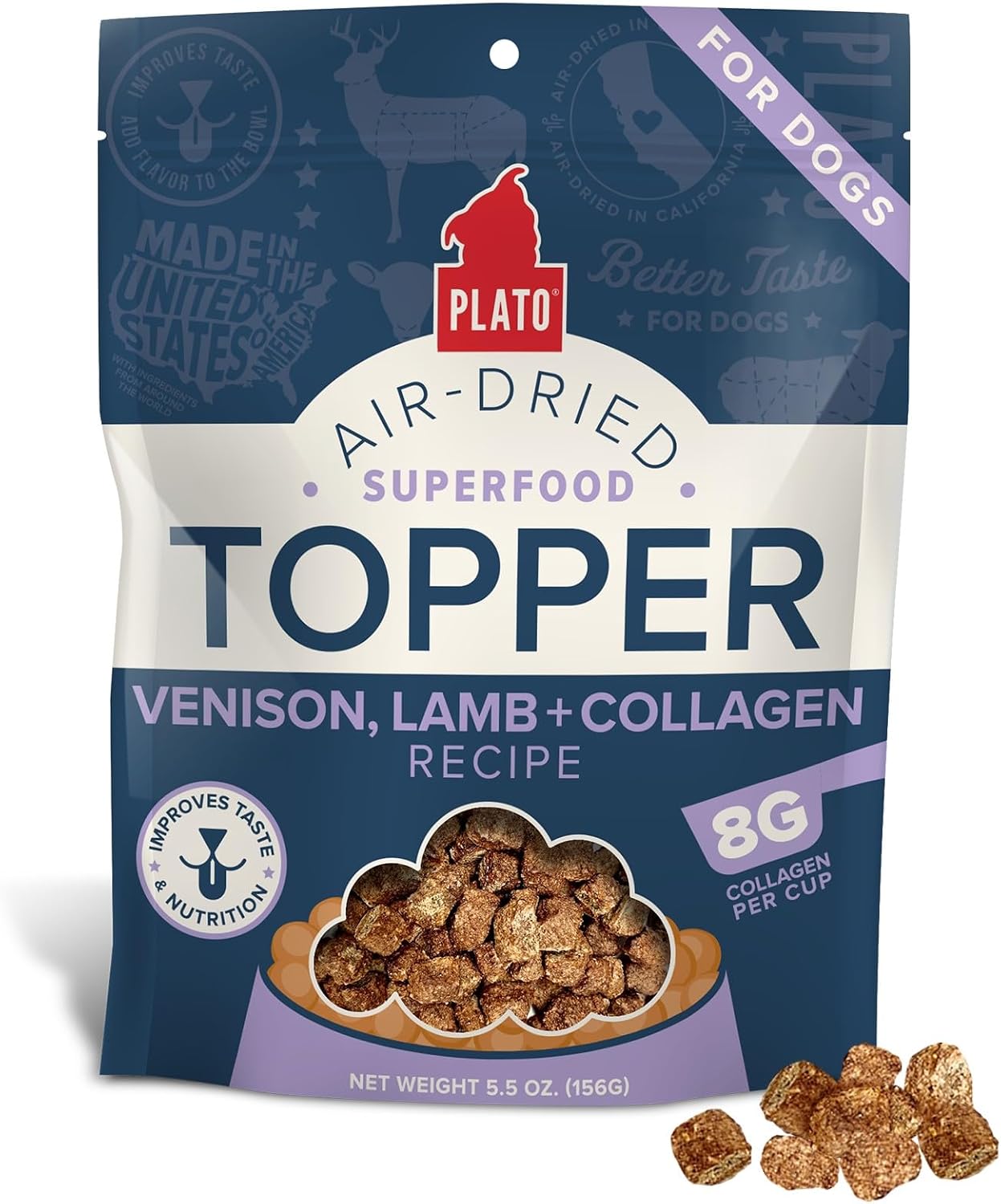 Plato Pet Treats Dog Food Toppers - Air-Dried Dog Food Toppers for Dry Food - with Collagen to Support Skin and Coat Health - Venison, Lamb and Collagen Recipe 5.5oz - Discontinued