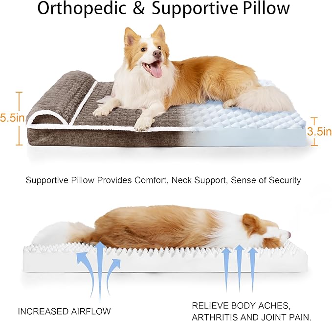 Orthopedic Dog Bed Large Sized Dog with Pillow 36''X24'', Waterproof Soft Comfortable Egg Crate Foam Pet Crate Beds Mat with Removable Washable Cover and Non-Slip Bottom, Taupe