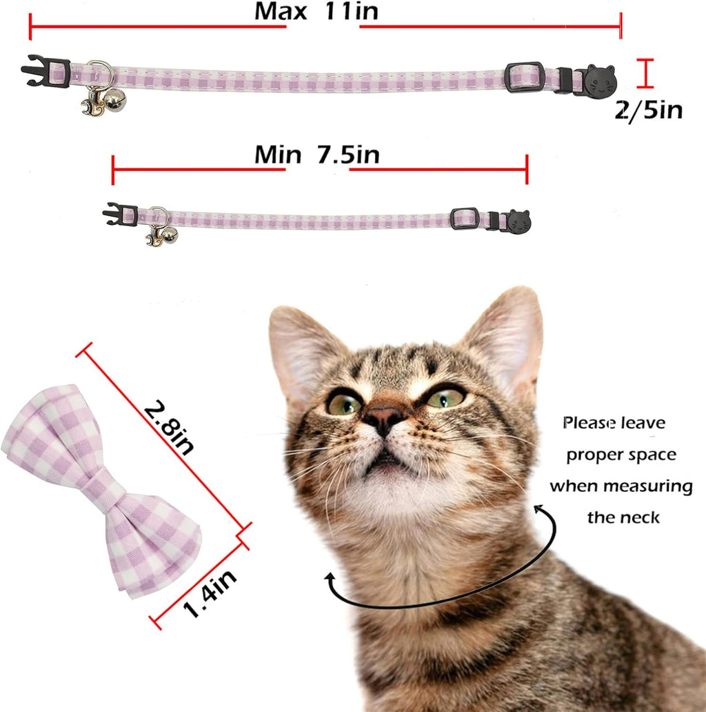 Bowtie Cat Collars Breakaway with Bell, Adjustable Cute Kitty Collars Safety Buckle Kitten Collar for Cat Puppy 7.5-11in (Purple Plaid)