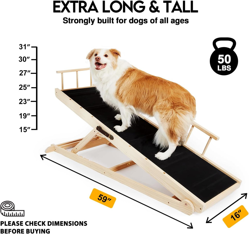 Woohoo Dog Ramp for Bed, 31" Adjustable Wood Ramp with Safety Rails | non-slip Rubber Surface, 59" Long 16" Wide, Adjustable from 15" to 31", Foldable, for Small Dogs under 50lbs