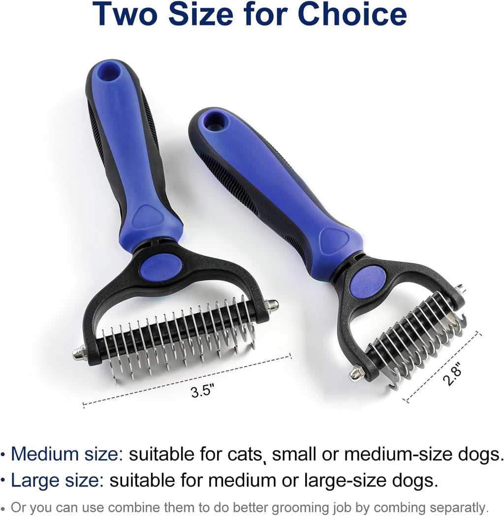 Grooming Rake for Dogs & Cats, Double-Sided Deshedding Brush, Extra-Wide Dematting Tool, Slicker Comb for Undercoat & Loose Hair Removal, Reduces Shedding by 95%, Blue, Small