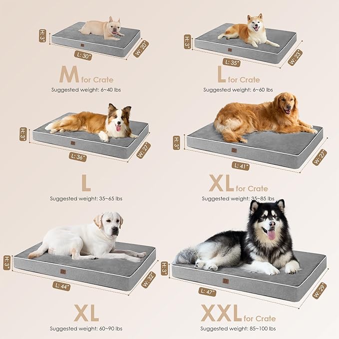 EHEYCIGA Waterproof Dog Bed Orthopedic 41"x27", Memory Foam Pet Bed for XLarged Dogs, Washable Pet Mat with Removable Cover, Grey