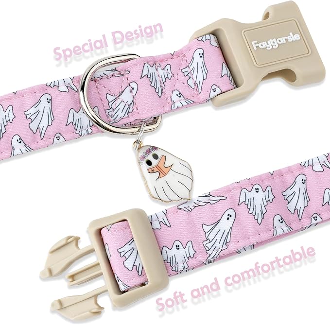 Faygarsle Pink Ghost Pattern Dog Collar with Charm, Halloween Pet Necklace, Adjustable Collar for Small Medium Large Dogs XS