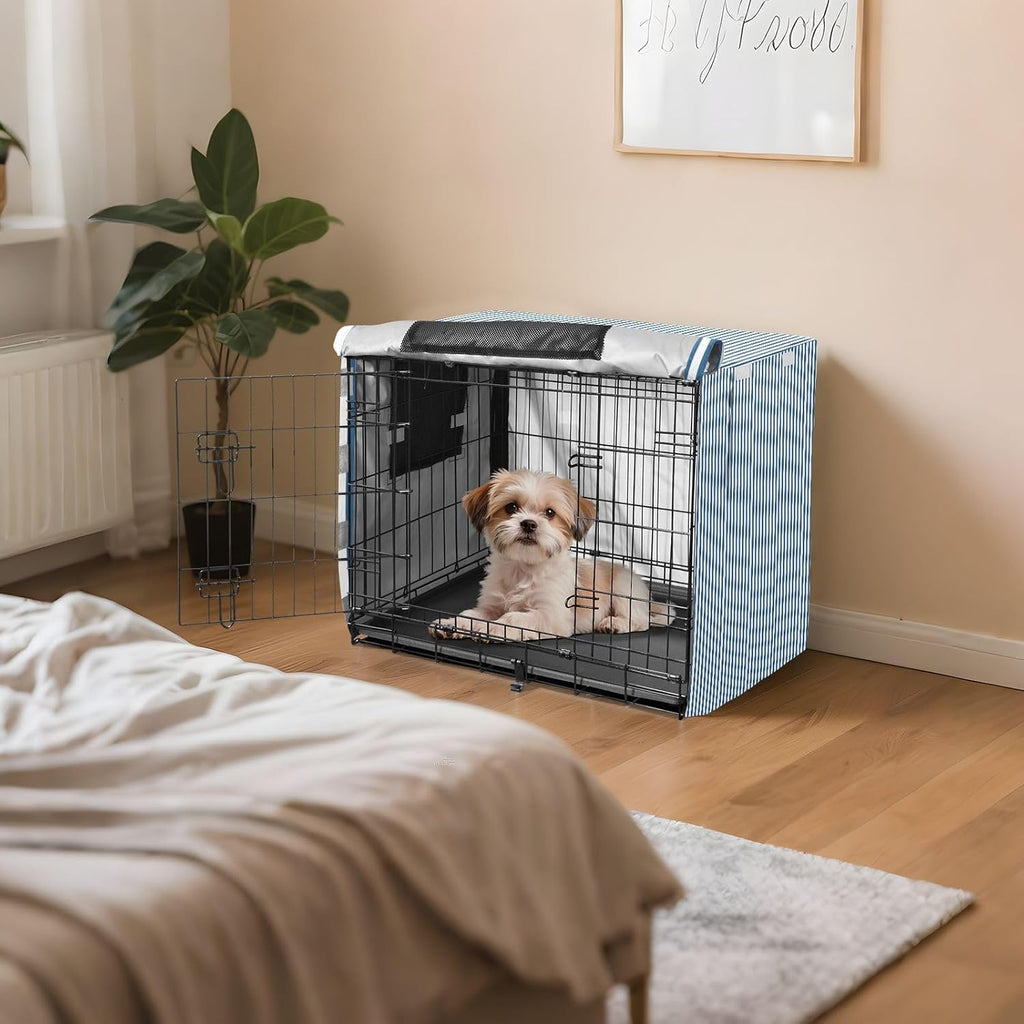 Blue White Stripes Dog Crate Cover 600D Oxford Heavy Duty Kennel Cover Mesh Window Soundproof Waterproof Sunshade Universal Fit for 42 inches Wire Cage