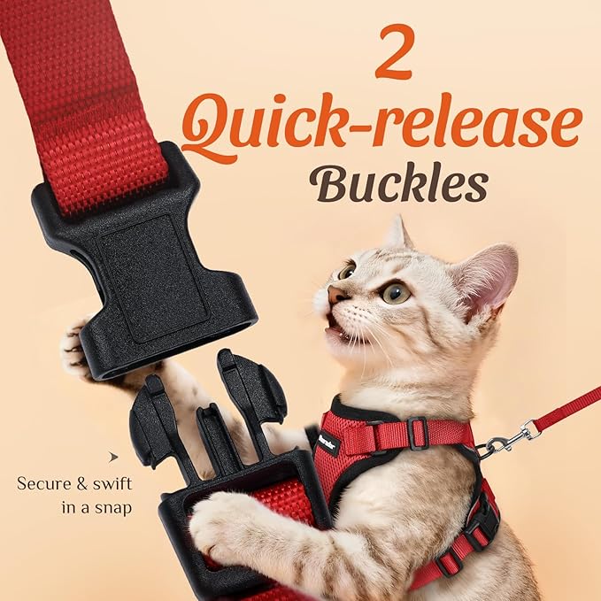 Dooradar Cat Harness and Leash Set, Escape Proof Safe Adjustable Kitten Vest Harnesses for Walking, Easy Control Soft Breathable Mesh Jacket with Reflective Strips for Cats, Red, S