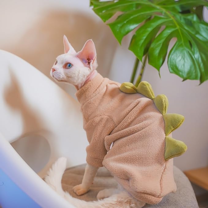 Dinosaur Sphynx Cat Clothes, Soft Polar Fleece Sweater for Cat, Elastic Pet Clothes Thick Winter Warm Outfit for Hairless Cat, Devon, Cornish, Small Dogs Apparel with Sleeves (Khaki, Small)