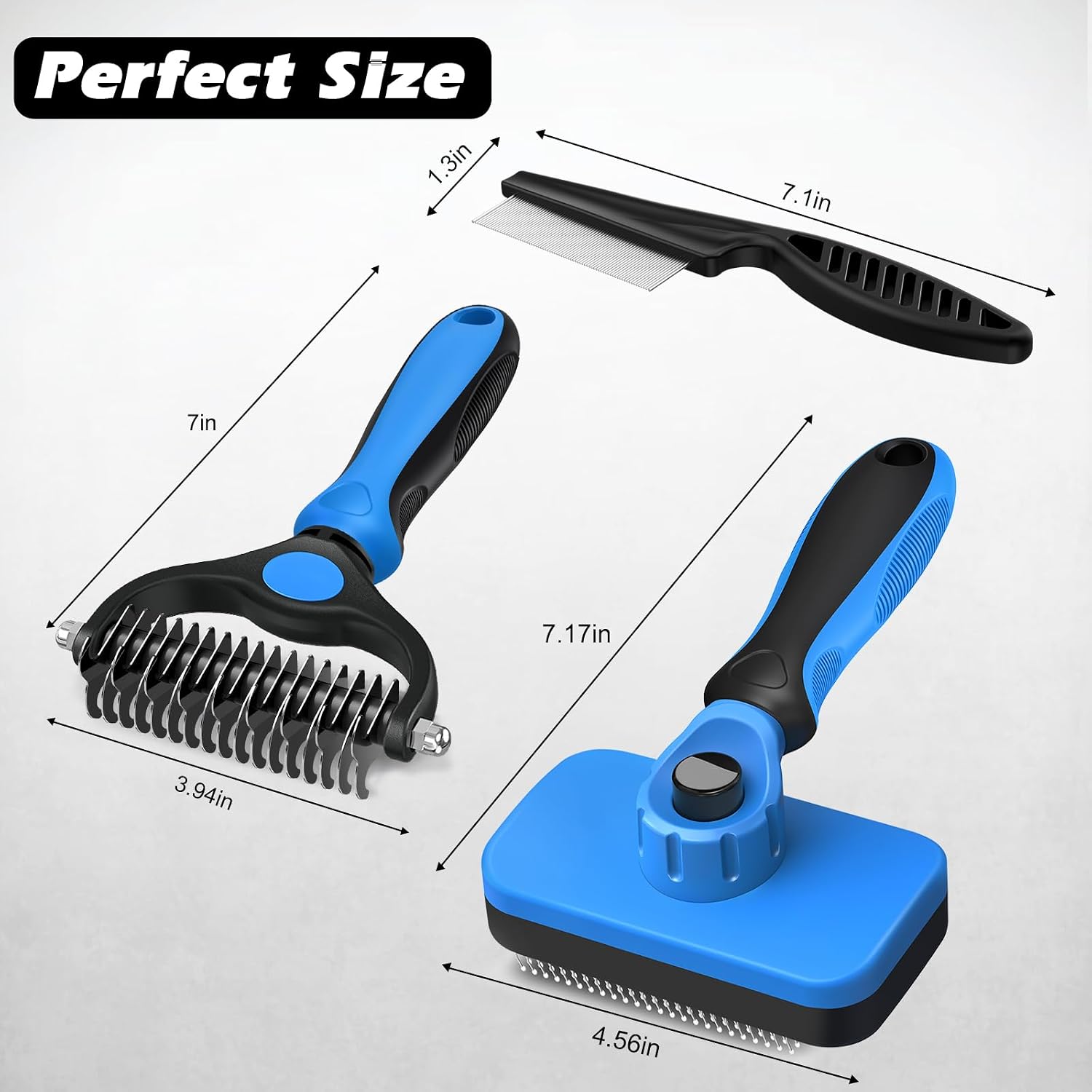 Professional 3PCS Self Cleaning Slicker Brush & Pet Grooming Rake & Flea Comb for Dogs,Cats and Horses | Double-Sided Dematting Comb & Skin Friendly Deshedding Grooming Tool | Pet Supplies (Blue)