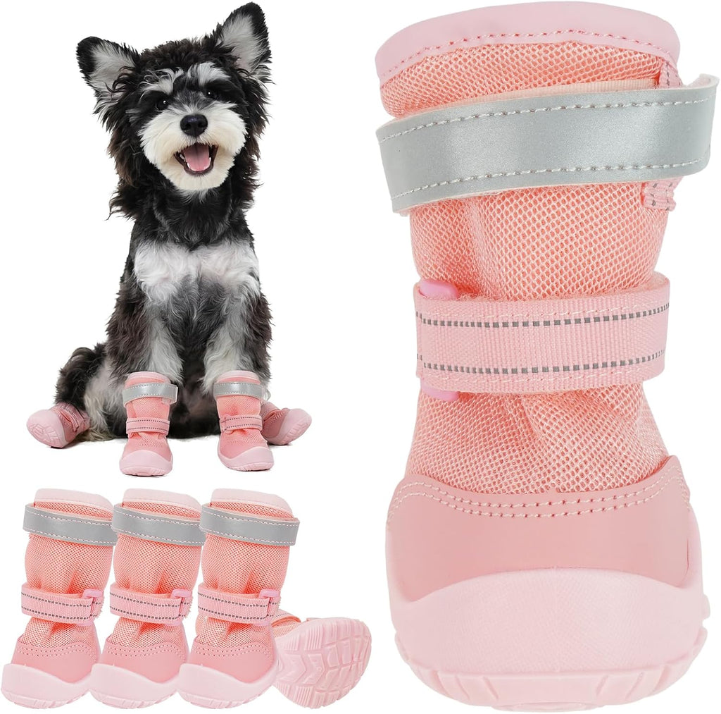 Breathable Mesh Boots for Dogs, Reflective Summer Puppy Booties | Adjustable, Anti Slip Paw Protectors for Hot Asphalt Sidewalk Walking, Pink, Size 1
