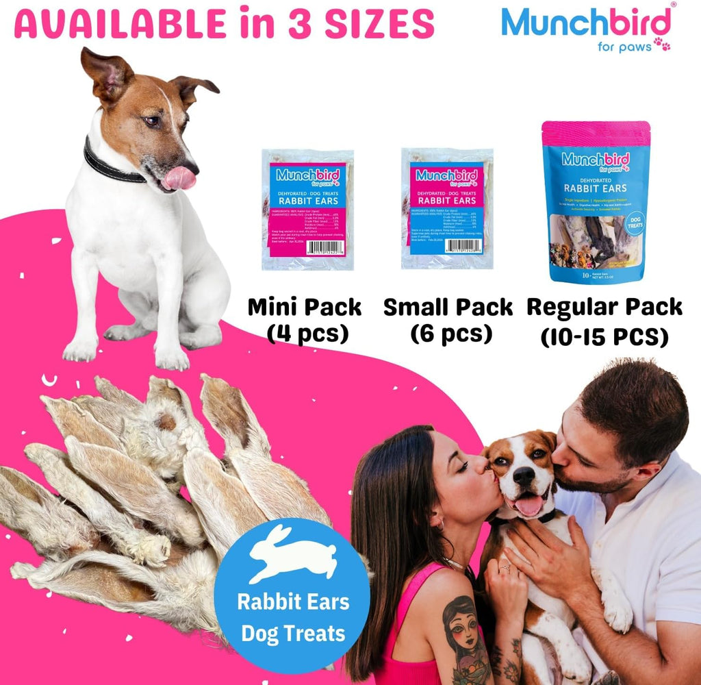 Munchbird Dehydrated Rabbit Ears 100g (3.5 oz) 12-15 pcs for Dogs, European Furry Rabbit Ear Natural Fiber for Pets, Rawhide Free Alternative to Pig Ears Dog Treats, Ear Size Varies
