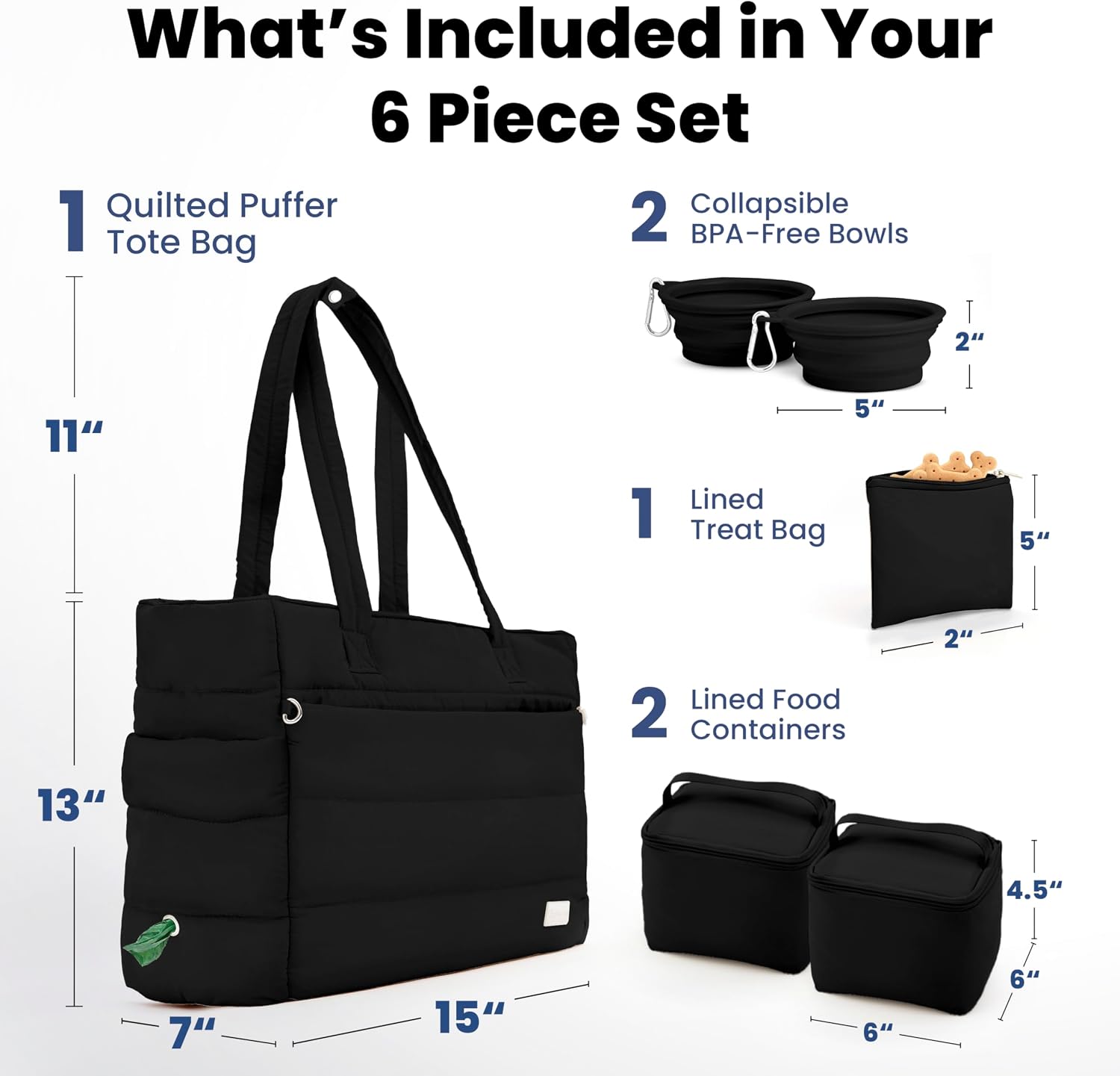 Puffer Dog Travel Bag for Dog Moms, Diaper Bag with Travel Bowls | 2 BPA-Free Collapsible Bowls, 2 Pet Food Containers, 9 Pockets, Everyday Puffer Bag Works With or Without Your Dog, Black