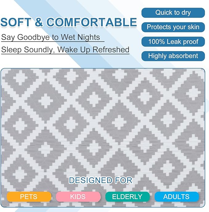 OUTCREATOR® Washable Bed Pads 34" x 56" (Pack of 2), Incontinence Mattress Protector, Anti-Slip Waterproof Underpads for Adults Kids Elderly Pets, Absorbency & Reusable Bedwetting Pads (Gray Geometry)