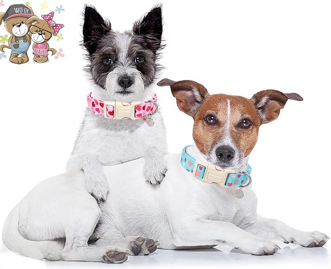 DOGWONG Valentine's Dog Collar - Pink Heart Adjustable Cotton Heart Dog Collar - Perfect for Extra Large Dogs