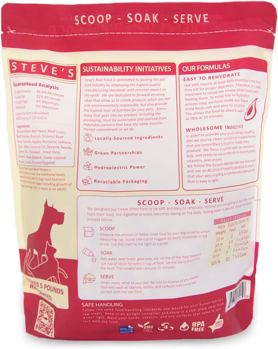 Steve’s Real Food Freeze-Dried Raw Food Diet for Dogs and Cats, 2-Pack, Beef Recipe, 1.25 lbs in each bag, Made in the USA, Pour and Serve Nuggets, Grass Fed & Free Range