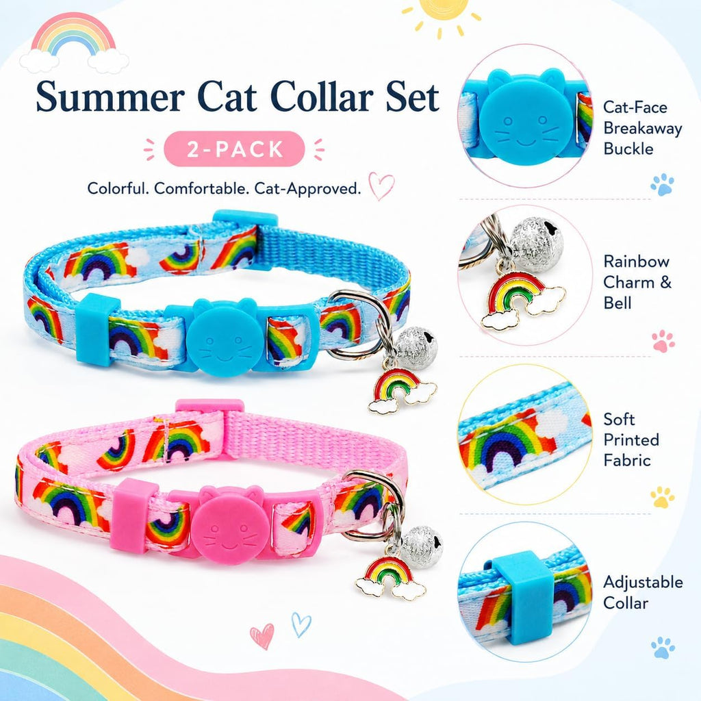 2 Pack Pride Month Cat Collar, LGPT Breakaway Kitten Collars with Bell & Rainbow Charm, Adjustable 7.8-12.8 in, Soft Summer Cat Collars for Cats Kittens