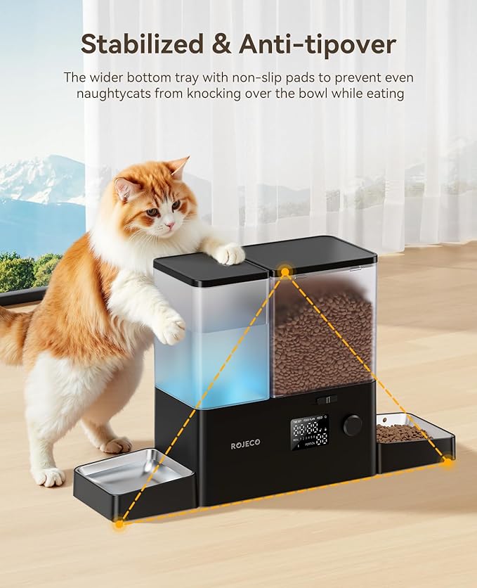 Rojeco 36Cups/8.5L Pet Automatic Cat Feeder and Gravity Water Dispenser,Stainless Steel Bowls 2-in-1 Set Large Capacity 5L Food Feeder and 3.5L Water Fountain for Cats,Pets,Small Dogs,Black