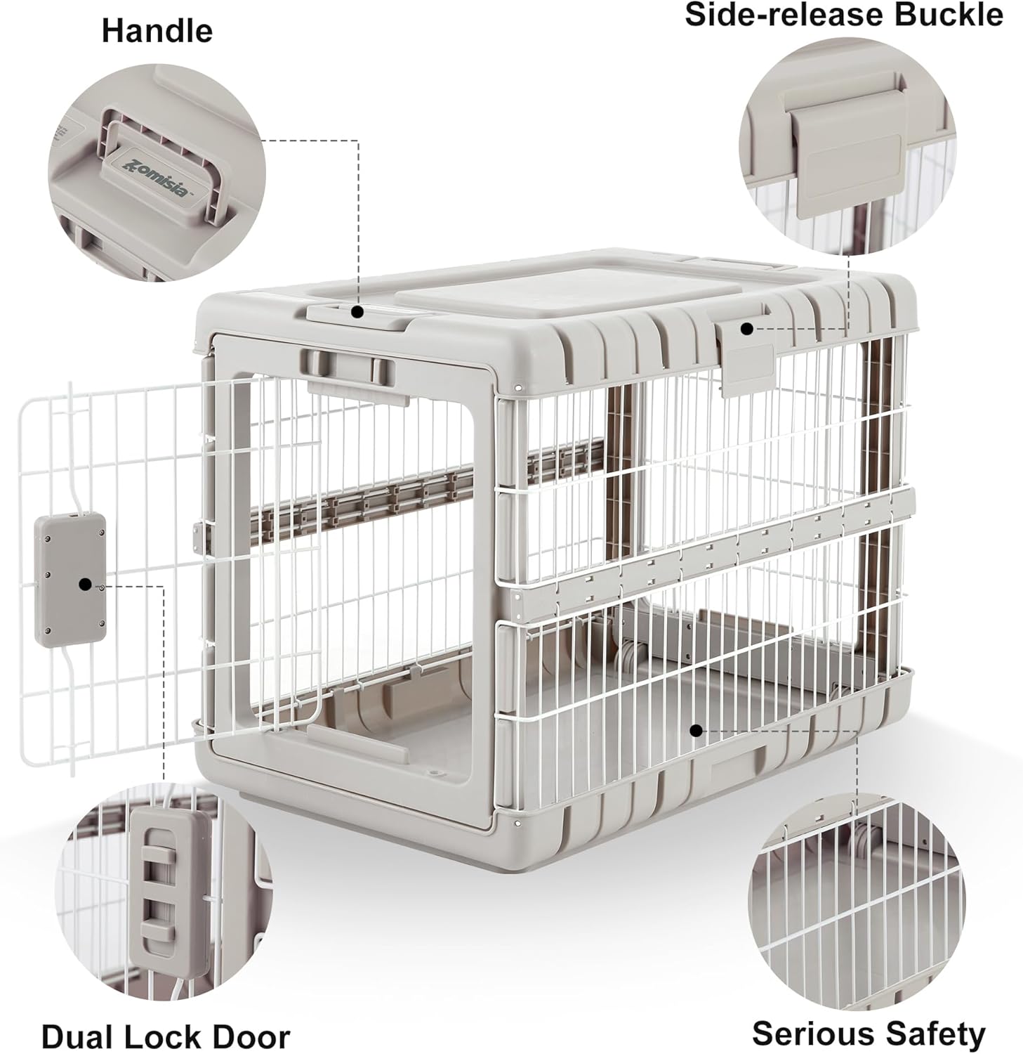 ZOMISIA Collapsible Dog Crate for Dogs - 28" L Heavy Duty Dog Kennel No Tools Required with 4 Sides Steel Foldable Cage for Dogs Indoor Furniture, Portable Carrier with 2 Smooth Wheels, Beige