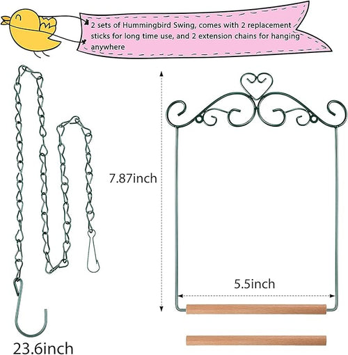 2 Pcs Hummingbird Swings and Perches Metal Frame Bird Swing with 2 Replacement Wooden Dowel and 2 Hanging Chain for Outdoor Bird Feeders, Planters, Lanterns Ornaments(Dark Green)