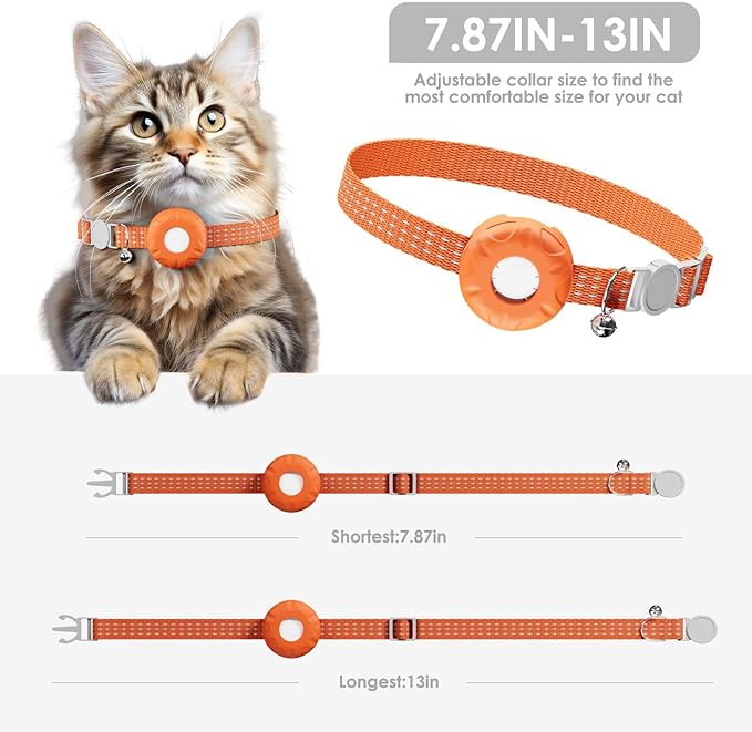 GPS Tracker for Cats, Cat GPS Tracker, Compatible with Apple Find My App (Only iOS), No Monthly Fee, Waterproof (White Tracker, Orange Cat Collar)