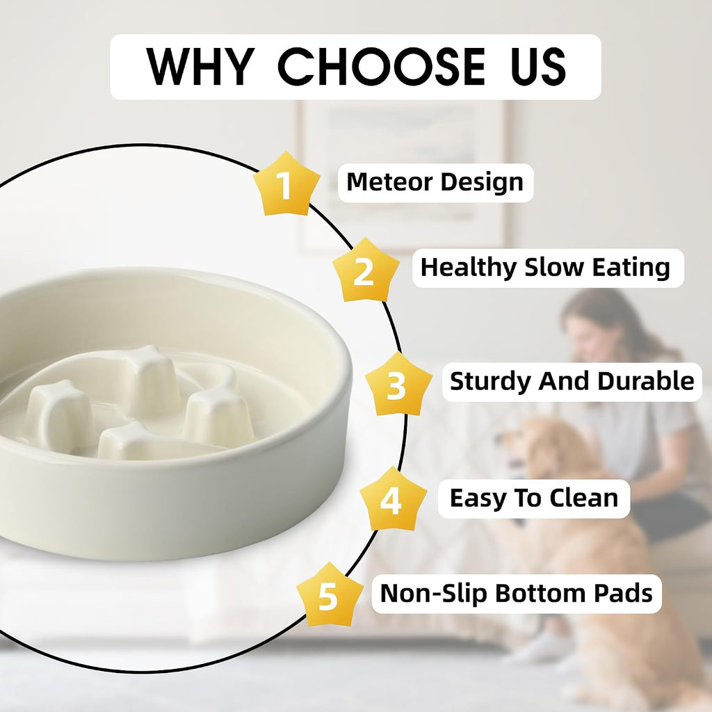 Ceramic Slow Feeder Dog Bowls Small Breed, 0.6 Cups, 6.4 Inch Beige | Raised maze design slows fast eating for small dogs, puppies and cats; heavy ceramic, non-slip and dishwasher safe.
