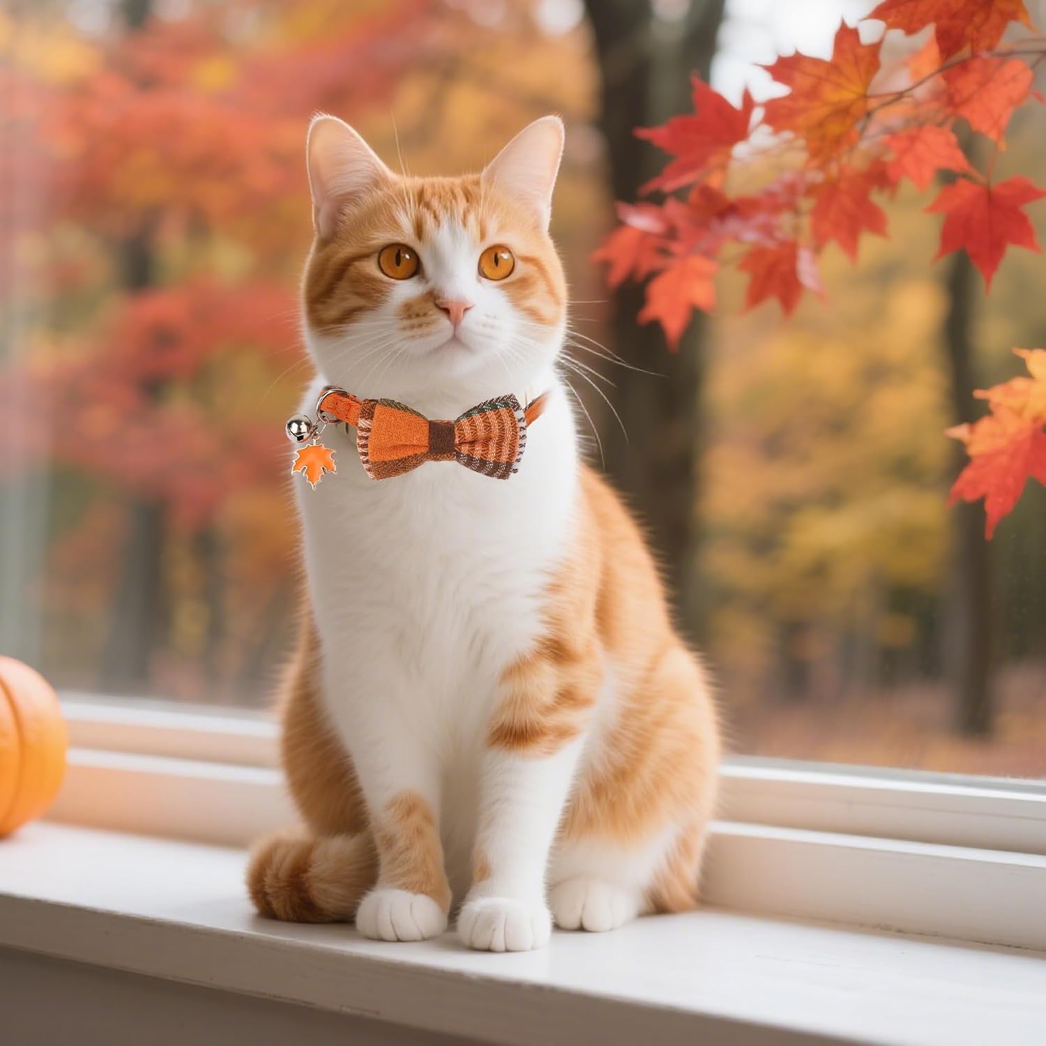 Fall Cat Collar Breakaway, Orange Plaid Thanksgiving Cat Bow Tie | Detachable Bowtie Bell, Cute Autumn Charm, Breakaway Buckle, Adjustable, For Cat Kitten, Fall Thanksgiving Holiday Party