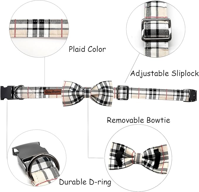 Dog Collar, Bow Dog Collar Plaid Pet Collar Dog Cute Pet Bow Soft Girl or Boy Dog Collars with Metal Buckle Adjustable Collar for Small Puppy