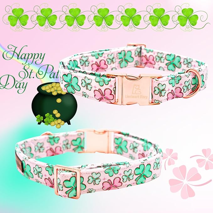 Lionheart glory St. Patrick's Day Dog Collar with Flower Dog Collars for Large Dogs, Heavy Duty Green Collars Lucky Clover Shamrock Dogs Collar Flower Puppy