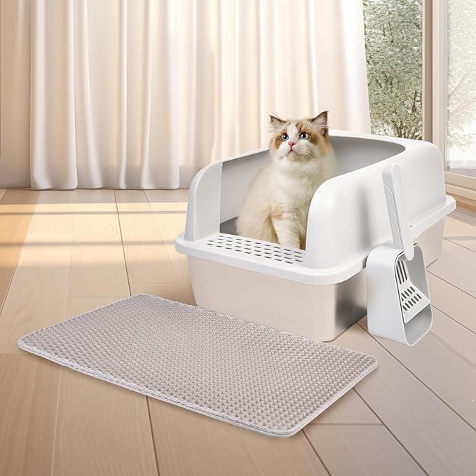 Henkelion 2 Pack Stainless Steel Cat Litter Box with Lid, 24" L x 16" W x 11.8" H, Extra Large Litter Box for Big Cats with High Sided, Anti-Urine Leakage, Easy Cleaning, Include Cat Mat and Scoop