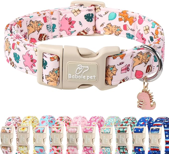 Cute Dinosaur Dog Collar, Adjustable Pink Dino Dog Collars for Medium Dogs, Lightweight Quick-Release Buckle Birthday Collar for Boy&Girl Dogs M