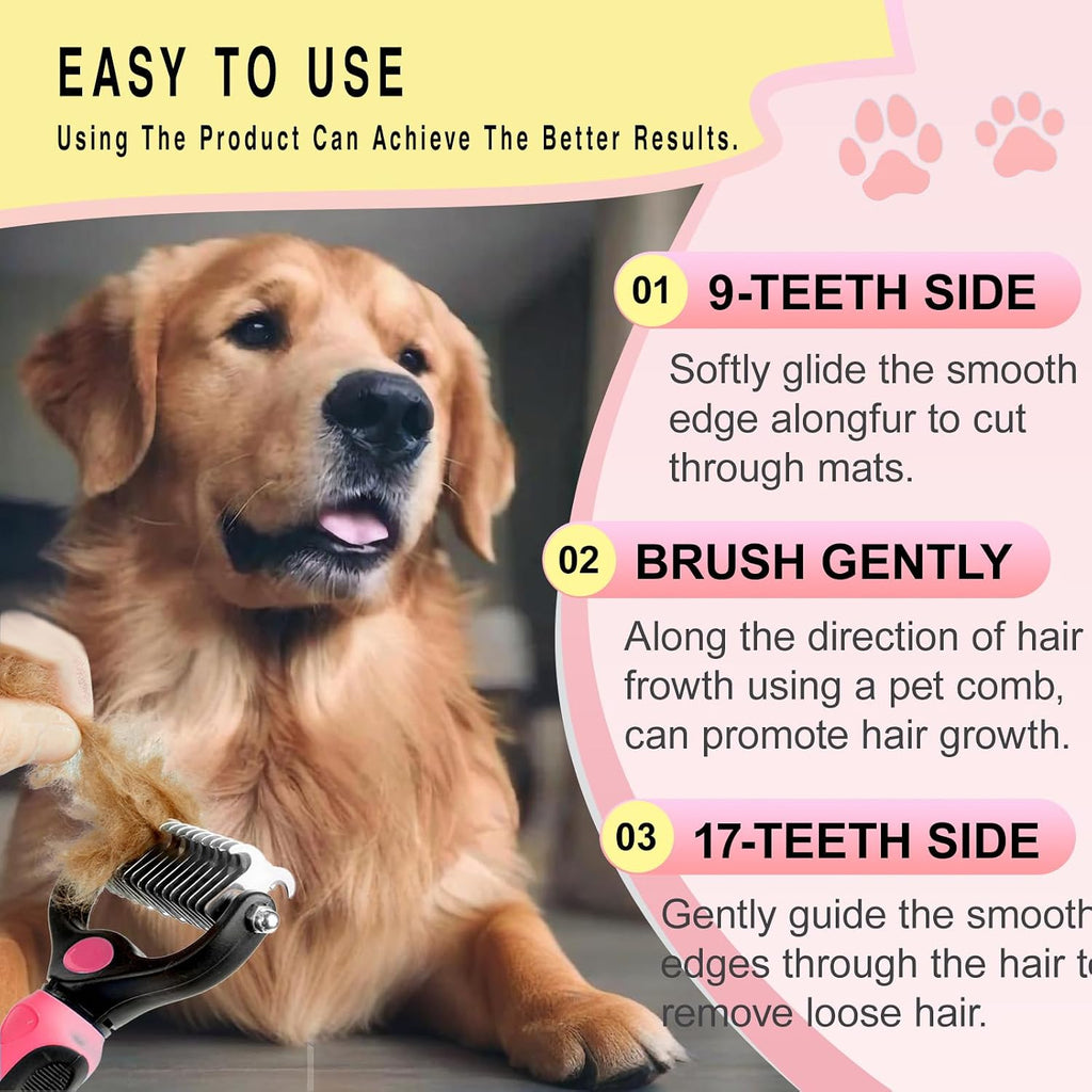 Pet Grooming Rake for Dogs & Cats - Double-Sided Deshedding and Dematting Tool, Gently Remove 95% of Loose Undercoat & Mats for Long-Haired Pets, Painless Fur Brush for Shedding Control (Pink)