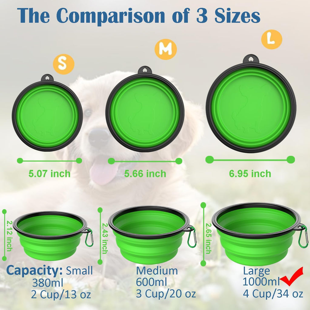 Collapsible Dog Bowls [3 Pack] 34 oz, Travel Dog Bowls, Pet Bowl Portable Foldable Water Food Feeding Dishes with Carabiner Clip for Traveling Hiking Walking-Black & Green & Blue
