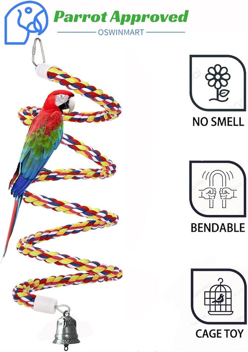 2Pcs 43'' Bird Rope Perches Birdcage Swing Toys 100% Cotton Natural Bird Perch Peck/Chewing with Vintage Bell Climbing Standing Bungee Parrot Toys for Small to Regular Size Parrot Cockatiel Birds