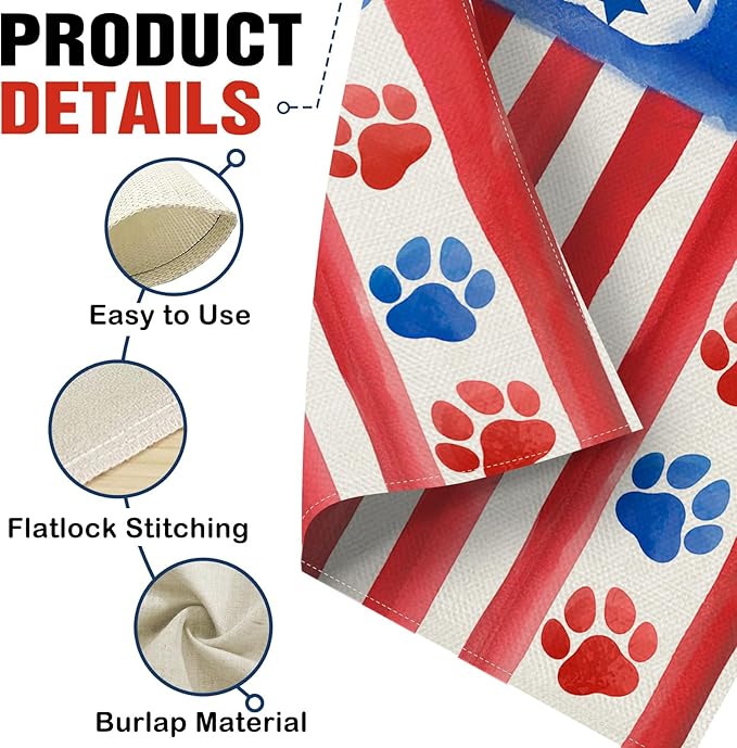 Dyrenson 4th of July Dog Cat Paw Prints 28 x 40 House Flag Double Sided, Patriotic America Watercolor Garden Yard Decoration Pet Lover Gift, American USA Burlap Outdoor Decor Decorative Large Flag