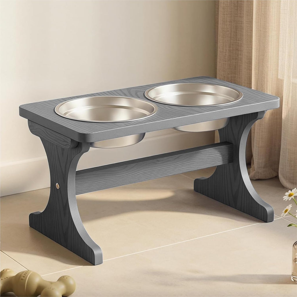 Raised Dog Bowl Stand for Medium Sized Breed, Feeding Station with 35 oz 2 Stainless Steel Bowls & Licking Plate,Dog Food Bowl Gray