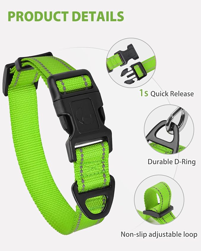 Joytale Large Dog Collar, Reflective and Adjustable Nylon Pet Collar with Quick-Release Buckle for Extra Large Dogs, Green, XL