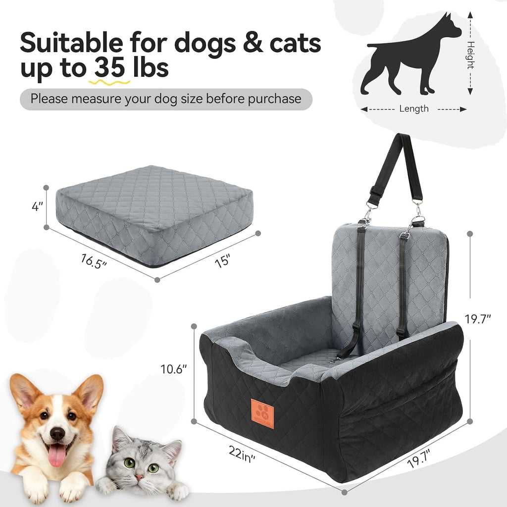 Dog Car Seat for Small Medium Dogs,Dog Booster Seat Under 35 lbs | Thick Cushion,Detachable Washable Pet Car Seat,Travel Dog Car Bed With Storage Pockets,2 Safety Belts