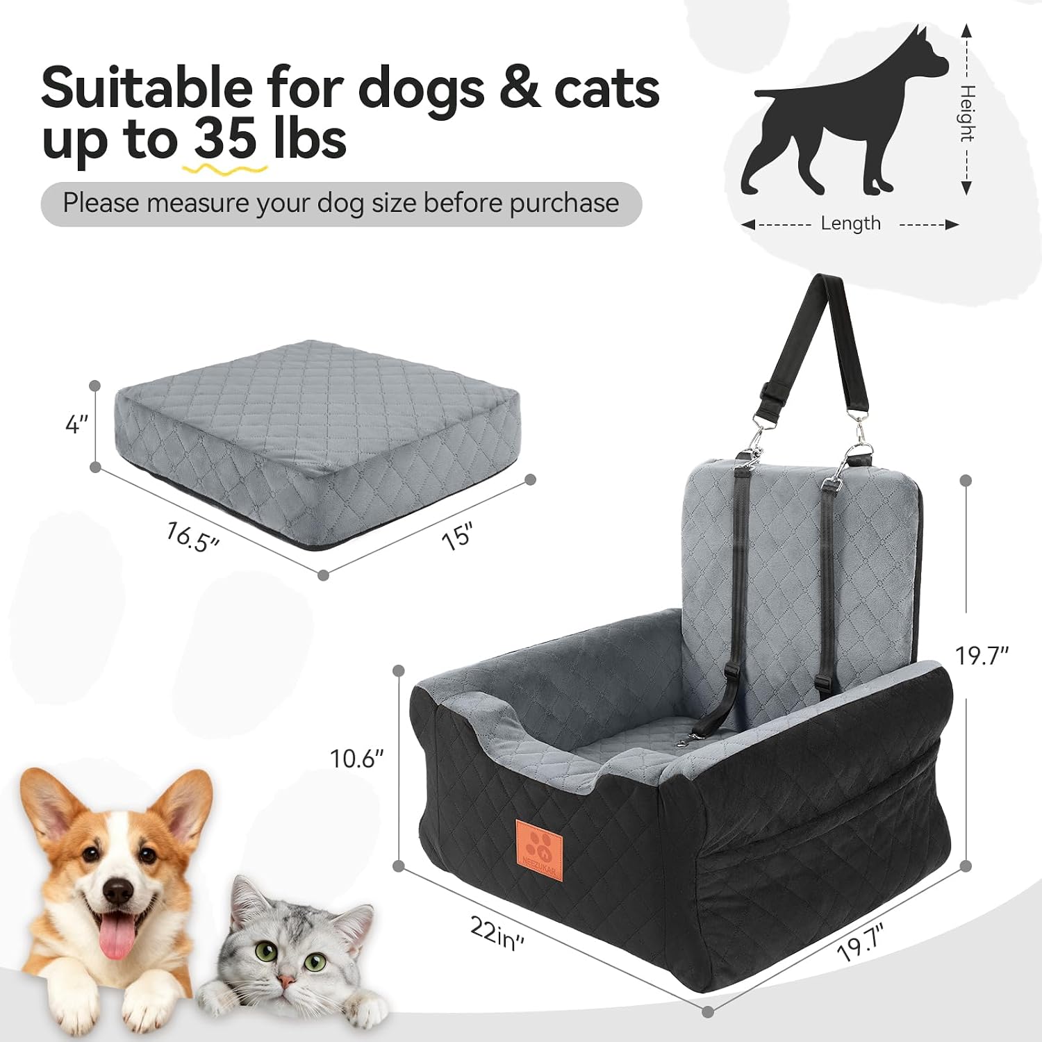 Dog Car Seat for Small Medium Dogs,Dog Booster Seat Under 35 lbs | Thick Cushion,Detachable Washable Pet Car Seat,Travel Dog Car Bed With Storage Pockets,2 Safety Belts