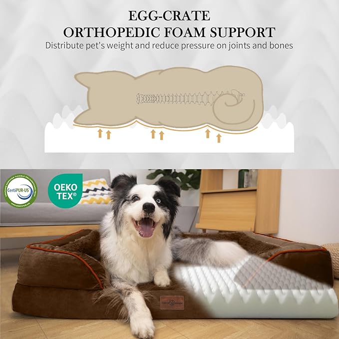 Comfort Expression Orthopedic Dog Bed for Extra Large Dogs 53x42 Inch, Waterproof Egg Crate Foam XXL Pet Bed with Removable Bolsters, Dog Couch with Washable Cover & Non-Slip Bottom, Dark Brown