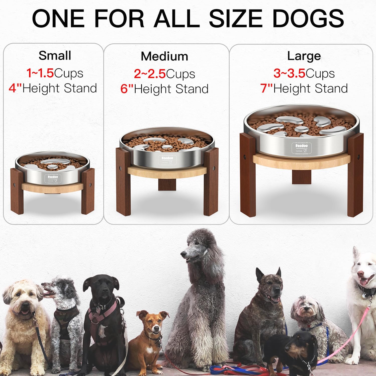 Elevated Dog Bowl Stand, 7'' Height Raised Stand for Large Dogs, Includes 3Cups Stainless Steel Slow Feeder Dog Bowl, Durable Solid Hardwood