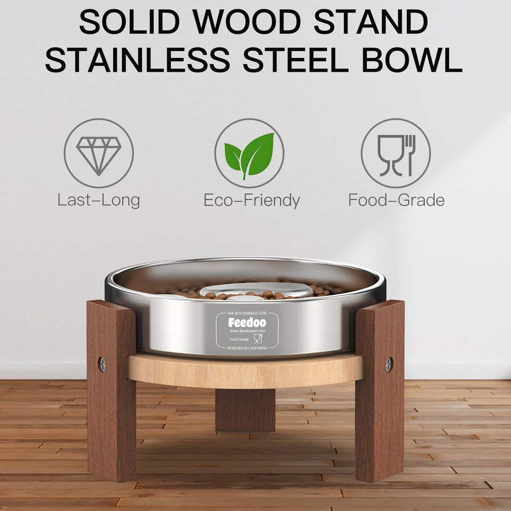 Elevated Dog Bowl Stand, 7'' Height Raised Stand for Large Dogs, Includes 3Cups Stainless Steel Slow Feeder Dog Bowl, Durable Solid Hardwood