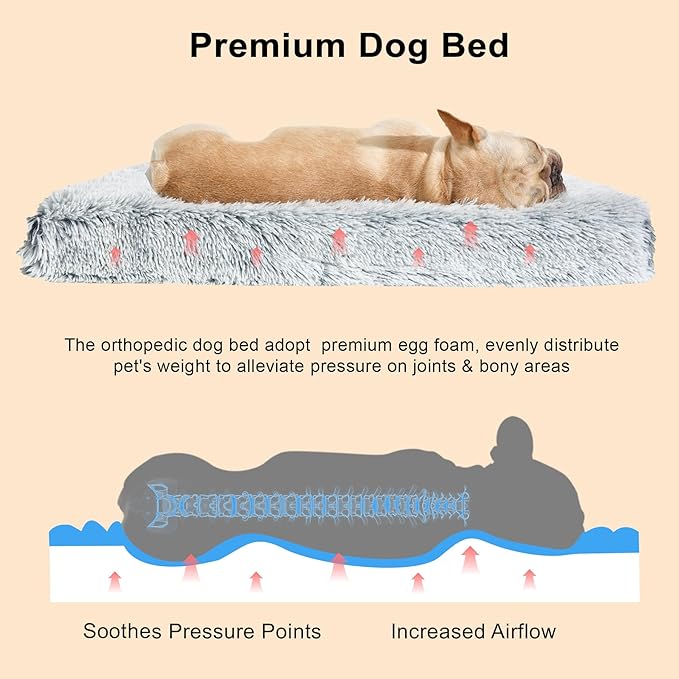 Fluffy Orthopedic Dog Beds for Medium Dogs with Washable Removable Cover Dog Crate Bed Egg Crate Foam Support Plush Pet Pad Mat with Anti-Slip Bottom(Grey,36 * 24)