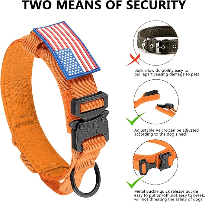 DAGANXI Tactical Dog Collar, Adjustable Military Training Nylon Dog Collar with Control Handle and Heavy Metal Buckle for Medium and Large Dogs, with Patches and Airtags Case (Orange, M)