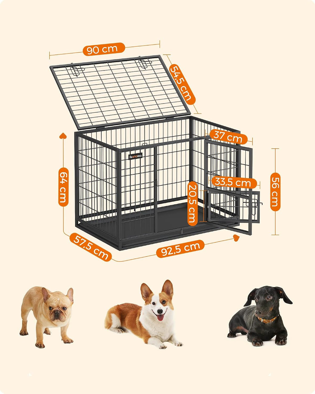 Feandrea Heavy-Duty Dog Crate, Dog Cage, 92.5 x 57.5 x 64 cm, for Small and Medium Dogs, Anti-Escape, Double Removable Door, Easy Cleaning, Pet Cage, L, Black PPD002B01