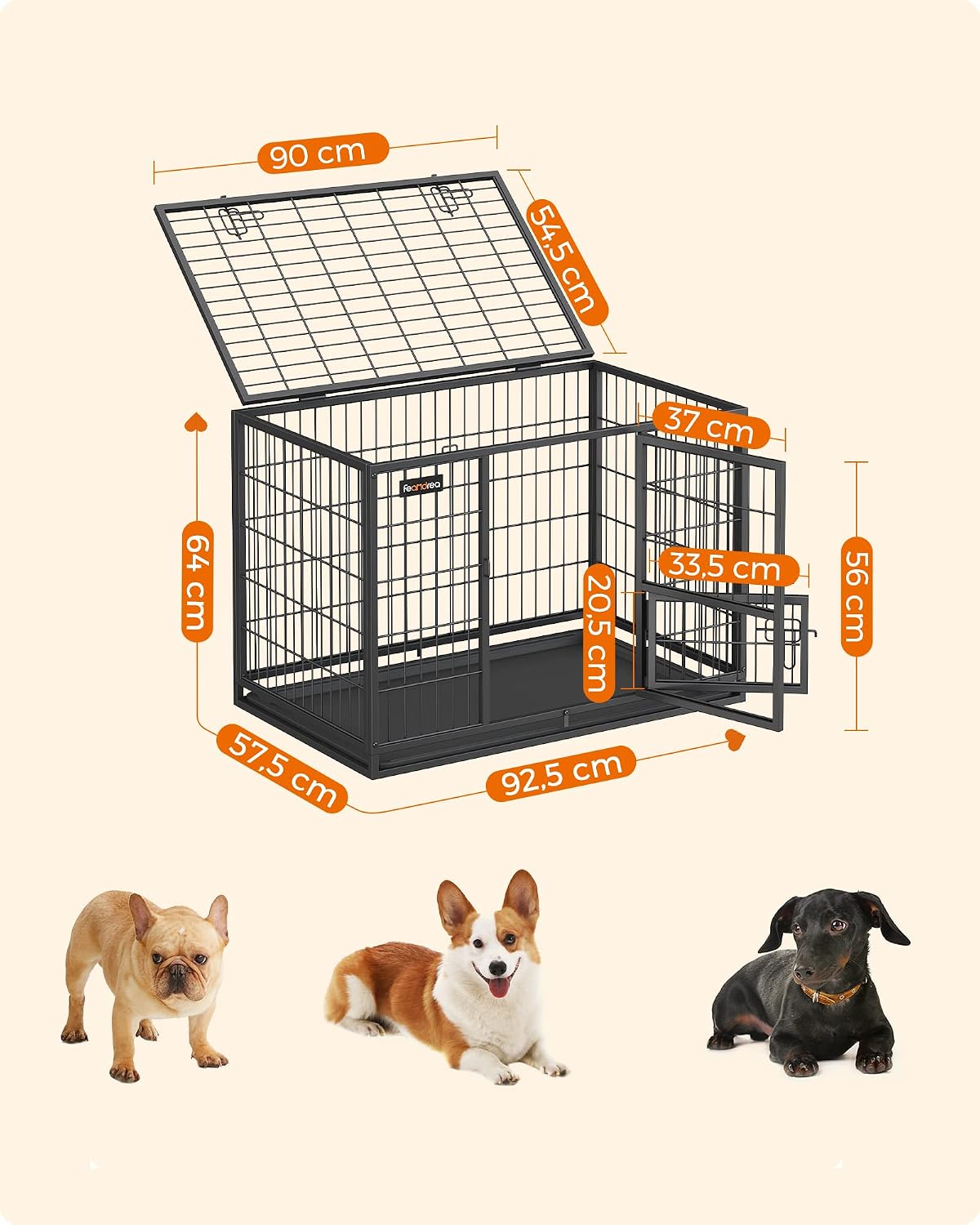 Feandrea Heavy-Duty Dog Crate, Dog Cage, 92.5 x 57.5 x 64 cm, for Small and Medium Dogs, Anti-Escape, Double Removable Door, Easy Cleaning, Pet Cage, L, Black PPD002B01