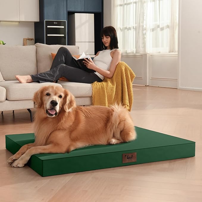 Outdoor Dog Bed for Medium Dogs, Waterproof Dog Crate Mat Orthopedic Egg Crate Foam Pet Bed with Washable Removable Oxford Cover, Dark Green