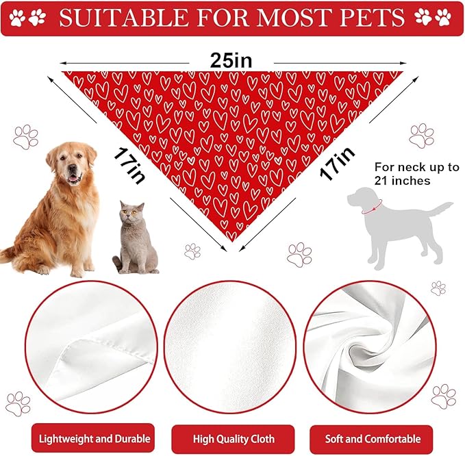 Valentines Dog Bandanas, 2 Pack Mother's Day Triangle Dog Bandanas, Reversible Love and Heart Pet Scarf, Premium Durable Fabric, Boys and Girls, Holiday Bandana for Large and Extra Large Dogs